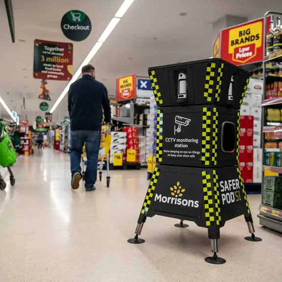 A Safer POD S1 device stands at the end of a grocery store aisle, with shoppers and products visible, promoting safety and surveillance by the supermarket Morrisons.