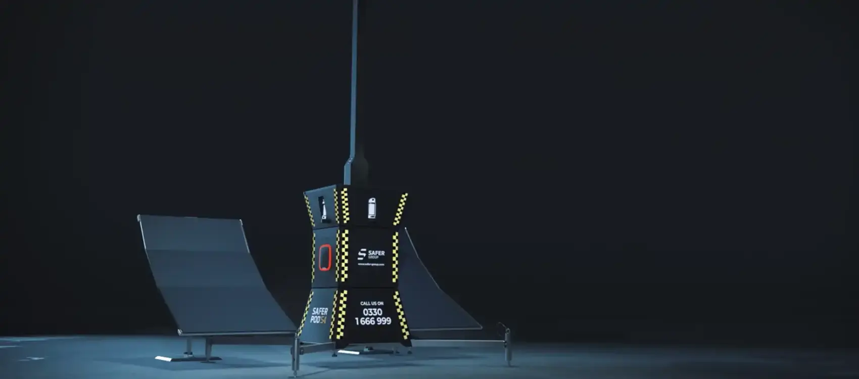 A cgi rendering of a Safer POD S4 with solar panels left and right sits in front of a black background.