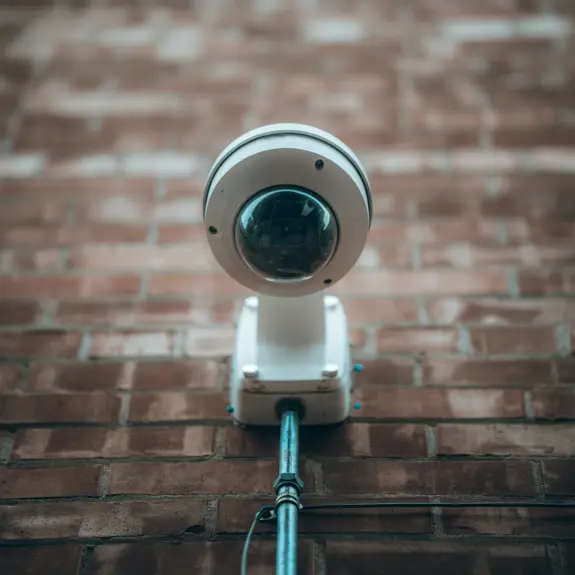 A close-up of a white CCTV security camera mounted on a brick wall, with a steel pipe connecting it to the building.